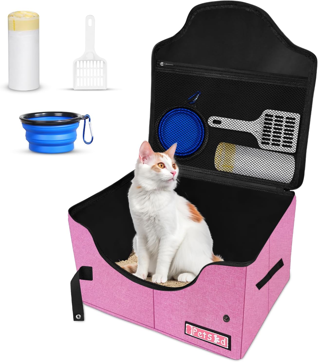 Petskd Portable Travel Litter Box for Cats with Lid and 10 pcs Liner Bags, Light Weight, Leak-Proof and Higher Sides for Road Trips, Hotel Stays, Car Travel(Pink)