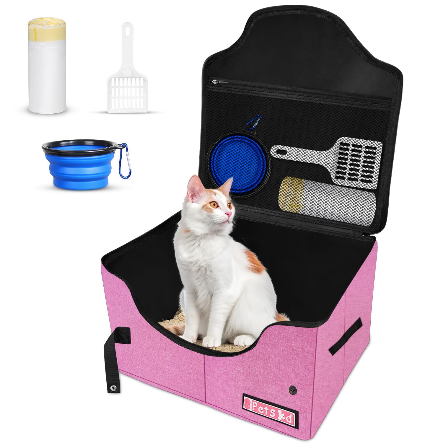 Petskd Portable Travel Litter Box for Cats with Lid and 10 pcs Liner Bags, Light Weight, Leak-Proof and Higher Sides for Road Trips, Hotel Stays, Car Travel(Pink)