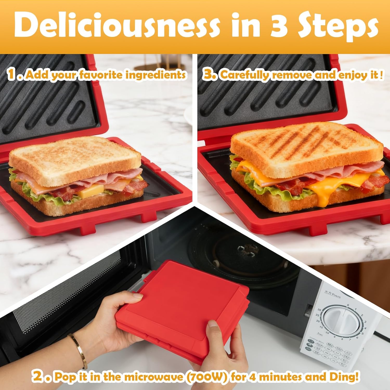 Microwave Sandwich Maker, Microwave Toaster with Adjustable Silicone Strap, Removable Non-Stick Microwave Grilled Cheese Maker, Microwave Grill Crispy, Melted in Minutes for Travel, Office, Dorm, Home
