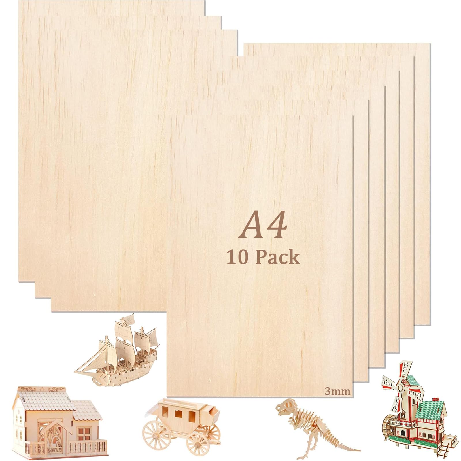 Tiusixsy 10 Pezzi Fogli di Legno di Balsa, 300 × 220 × 3mm Compensato, Fogli di Legno Sottili,Compensato Basswood, per Modellare, Artigianato, Pirografia