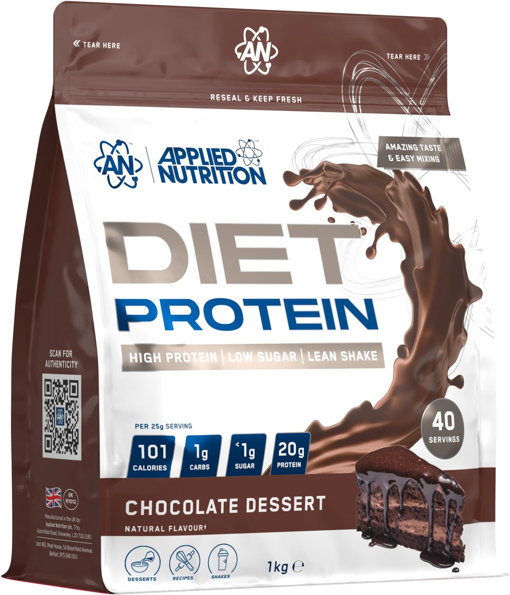 Diet Whey - High Protein Powder Supplement, Low Carb & Sugar, for Weight Management with CLA, L Carnitine, Green Tea (1kg - 40 Servings) (Chocolate Dessert)
