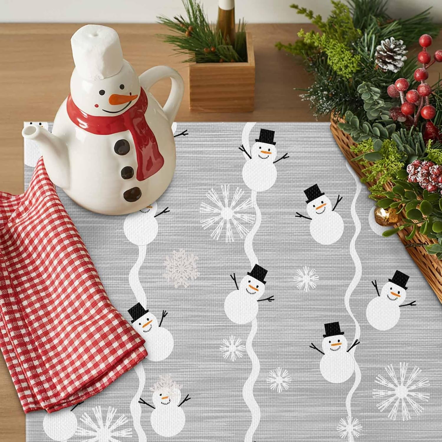 Winter Placemat for Dinning Table Christmas Placemat Set of 6-Cotton Linen Waterproof Cloth Table Mat-Snowman Snowflake Place Mat,Washable Easy Clean Fabric,Rustic Farmhouse Holiday Dinner Decor-Gray