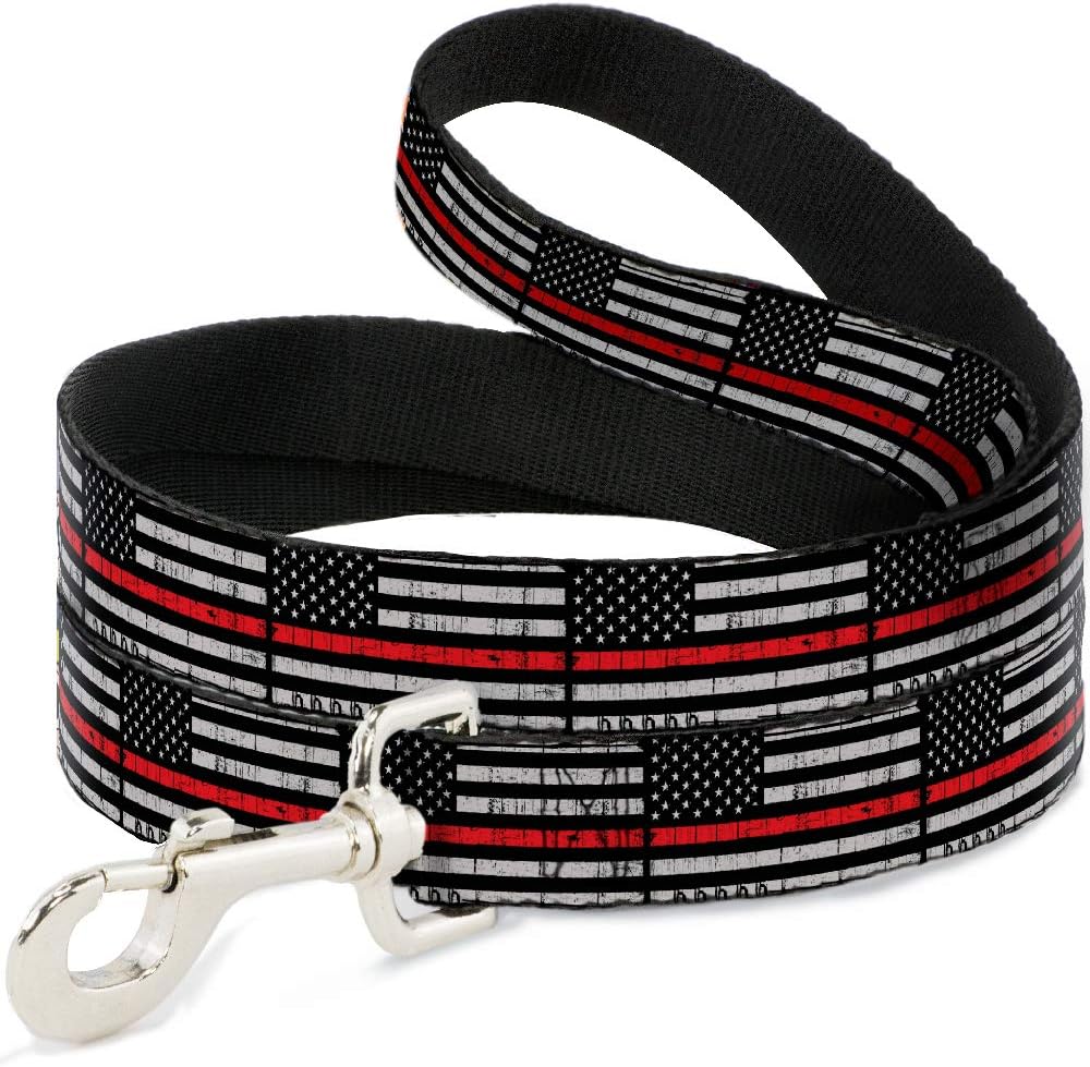 Buckle-Down Dog Leash Thin Red Line Flag Weathered Black Gray Red 6 Feet Long 1.0 Inch Wide