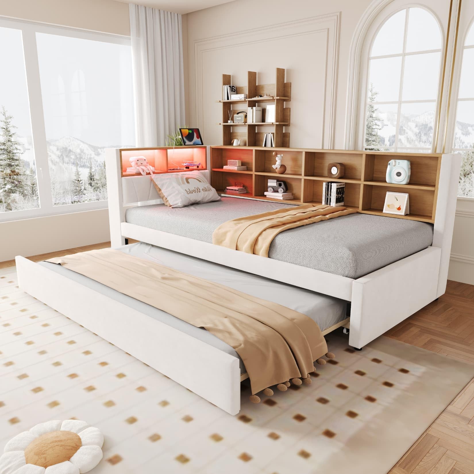 PUGSDRLY Lit 1 Place 90x200cm avec lit gigogne 90x190 et Compartiments de Rangement,Canapé Lit avec Lampes LED,Prise électrique et Port USB,pour Enfant Adolescent Adulte,sans Matelas (beige-90B)