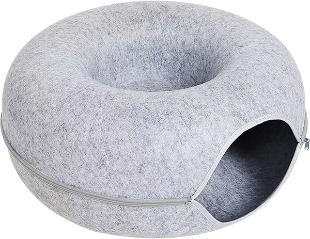 Cat Tunnel Bed Detachable Round Felt Cat Tube Play Toy with Peek Hole Pets Cat Play Tunnel Zipper Scratch Resistant Cave Bed Tunnel Novelty Donut Cat House for Small Pets Rabbits, Kittens, and Dogs
