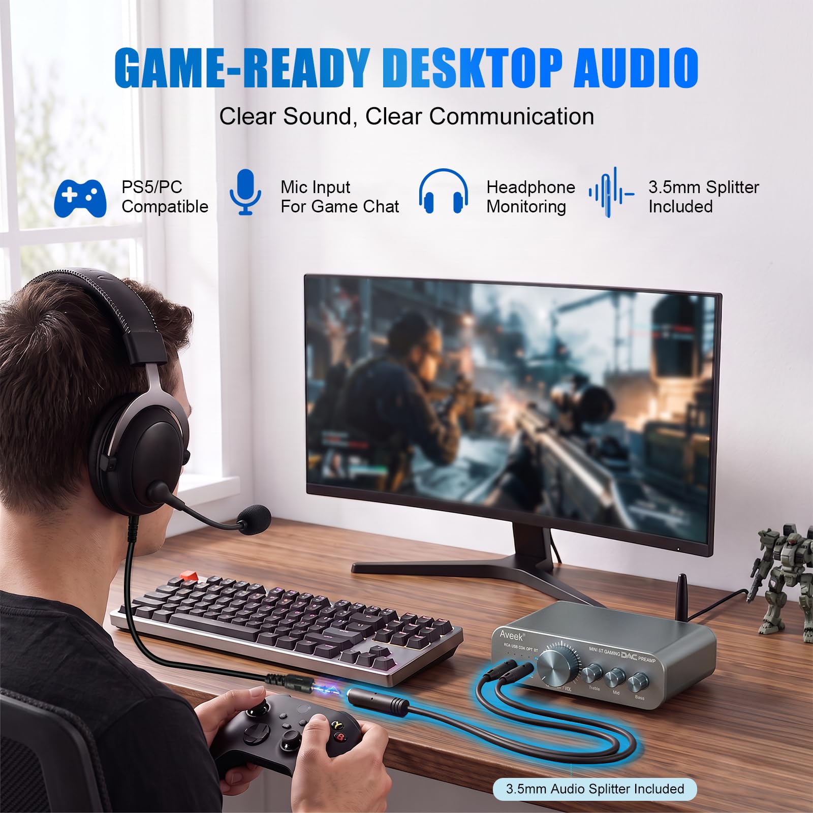 Aveek Wzmacniacz słuchawkowy DAC USB C Bluetooth 24 bit/96 kHz do PS5 PC