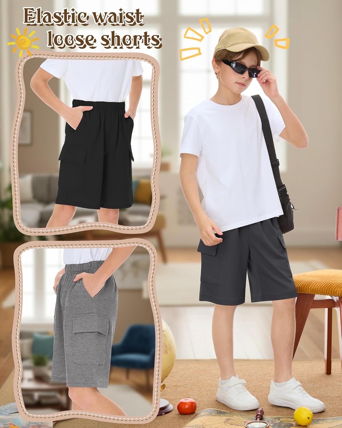 5 Pack Boy Cargo Shorts 5-16Y Athletic Loose Elastic Wide Leg SweatShorts Youth Summer Multipack Shorts with Pockets