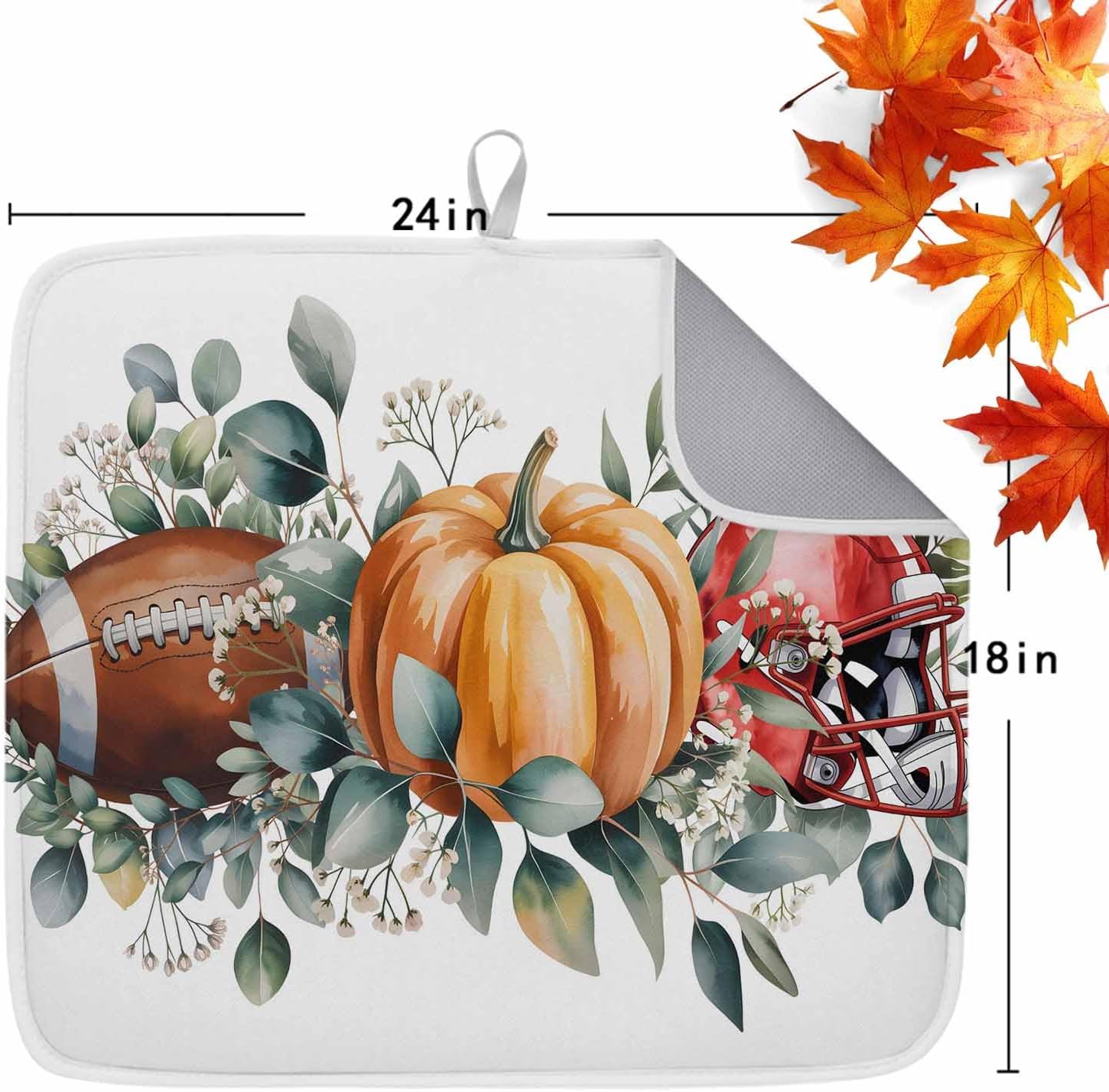 Watercolor Pumpkin Eucalyptus Leaf Dish Drying Mats for Kitchen Counter,Absorbent Microfiber Dish Drainer Rack Mat Retro Autumn Rugby Helmet Drying Pad for Sinks,Utensils,Countertops,18x24in