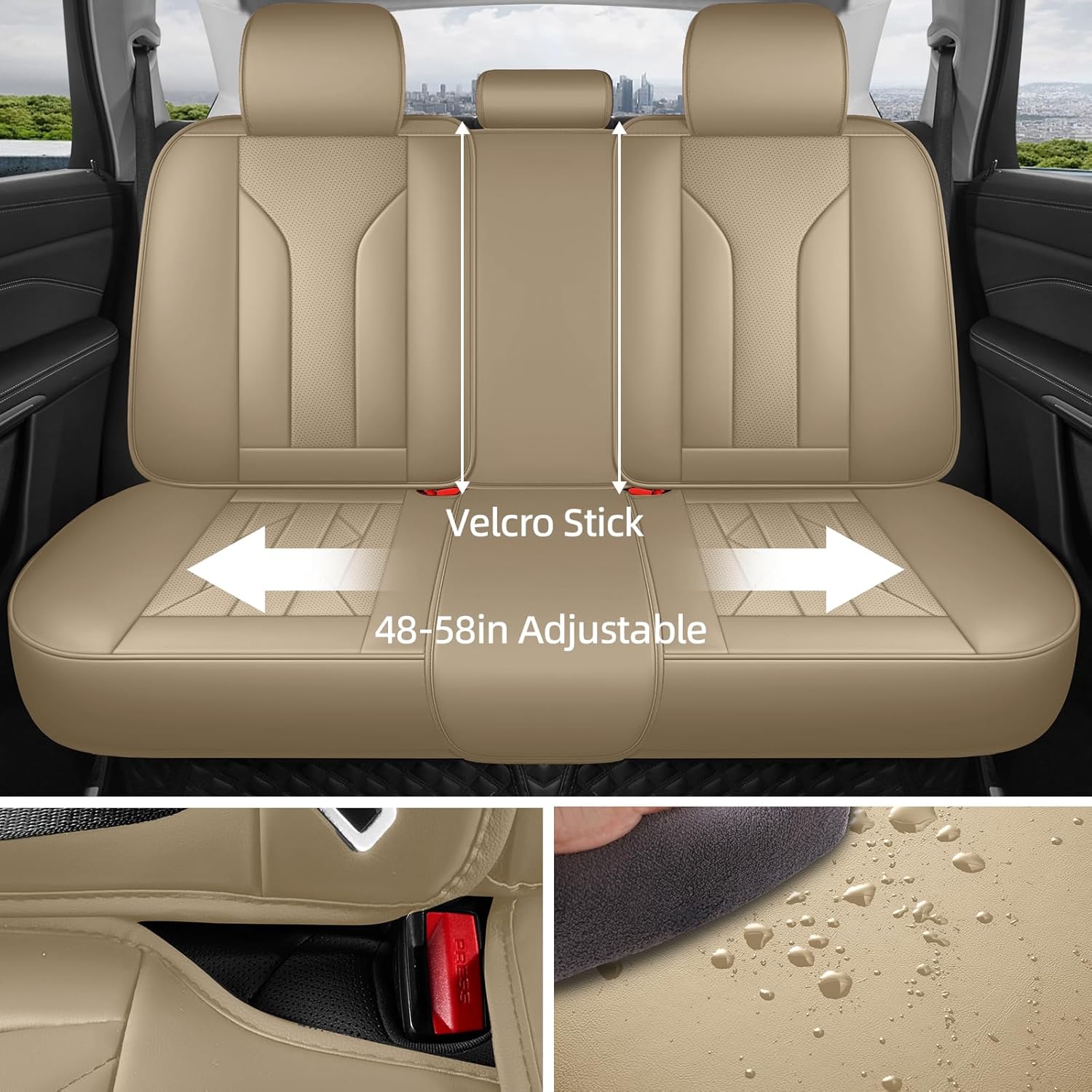 Car Seat Covers Full Set, Full-Wrap Waterproof Faux Leather with Memory Foam Lumbar Support, Airbag Compatible, Universal Fit for SUV Truck Pickup Sedan (Beige)