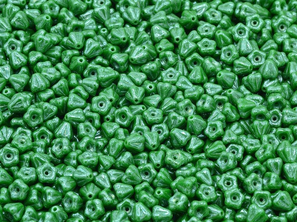 60pcs Bell Flower Beads, Opaque Green Hematite (53320-14400), Glass, Czech Republic (0.16 x 0.24 inches)