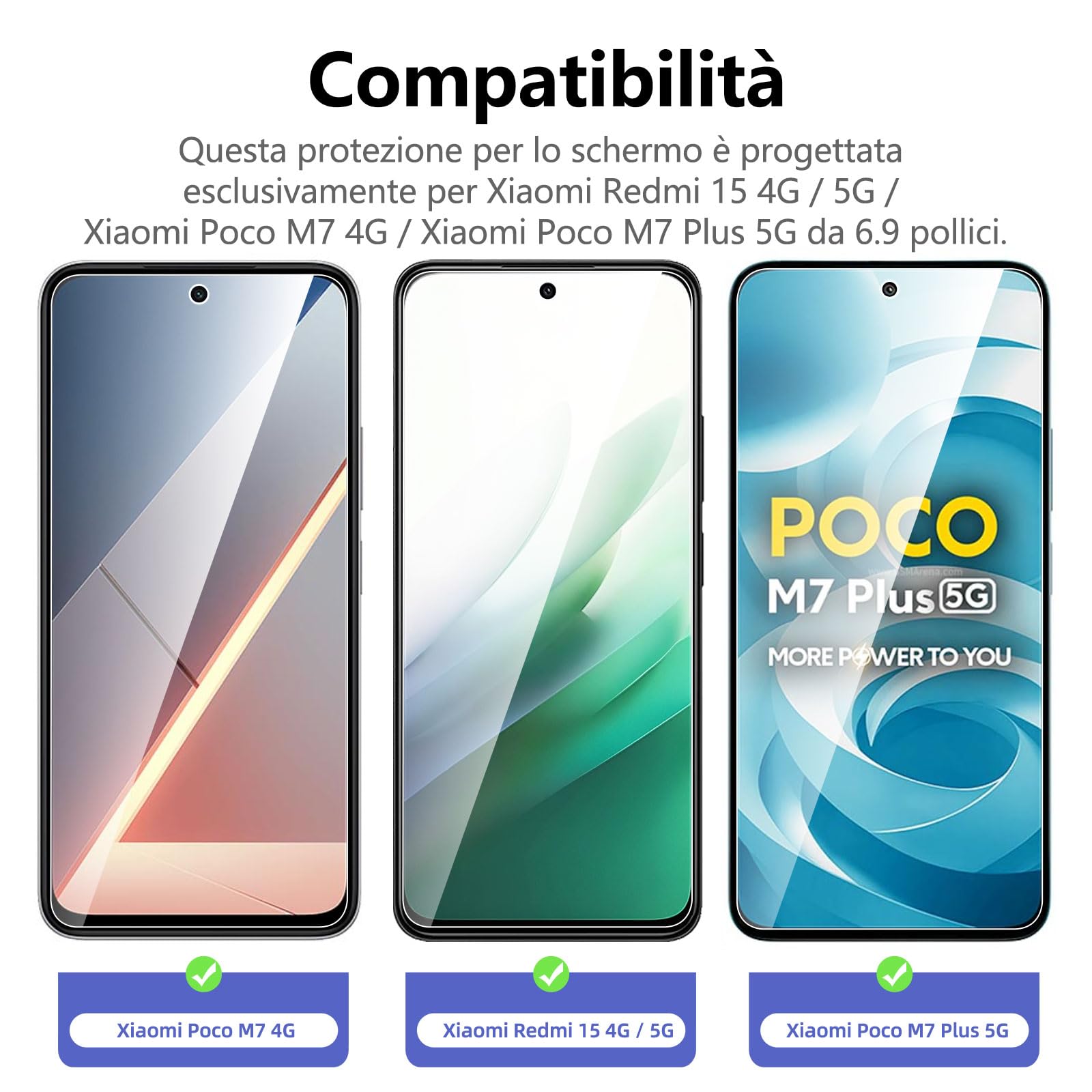 NEW'C 3 Pezzi, Vetro Temperato per Xiaomi Redmi 15 5G/4G, Xiaomi POCO M7 4G, POCO M7 Plus 5G, Pellicola Prottetiva Anti Graffio, Anti-Impronte, Senza Bolle, Durezza 9H, 0,33mm Ultra Trasparente
