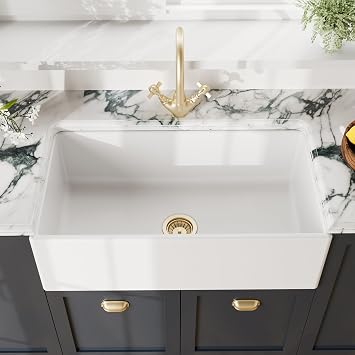 Nuie White Kitchen Sink 33 inch Single Bowl Apron Front Farmhouse Sink with Central Drain Position, Fireclay Ceramic Kitchen Sinks, Farmhouse Sinks for Kitchens - 33x18x10" White