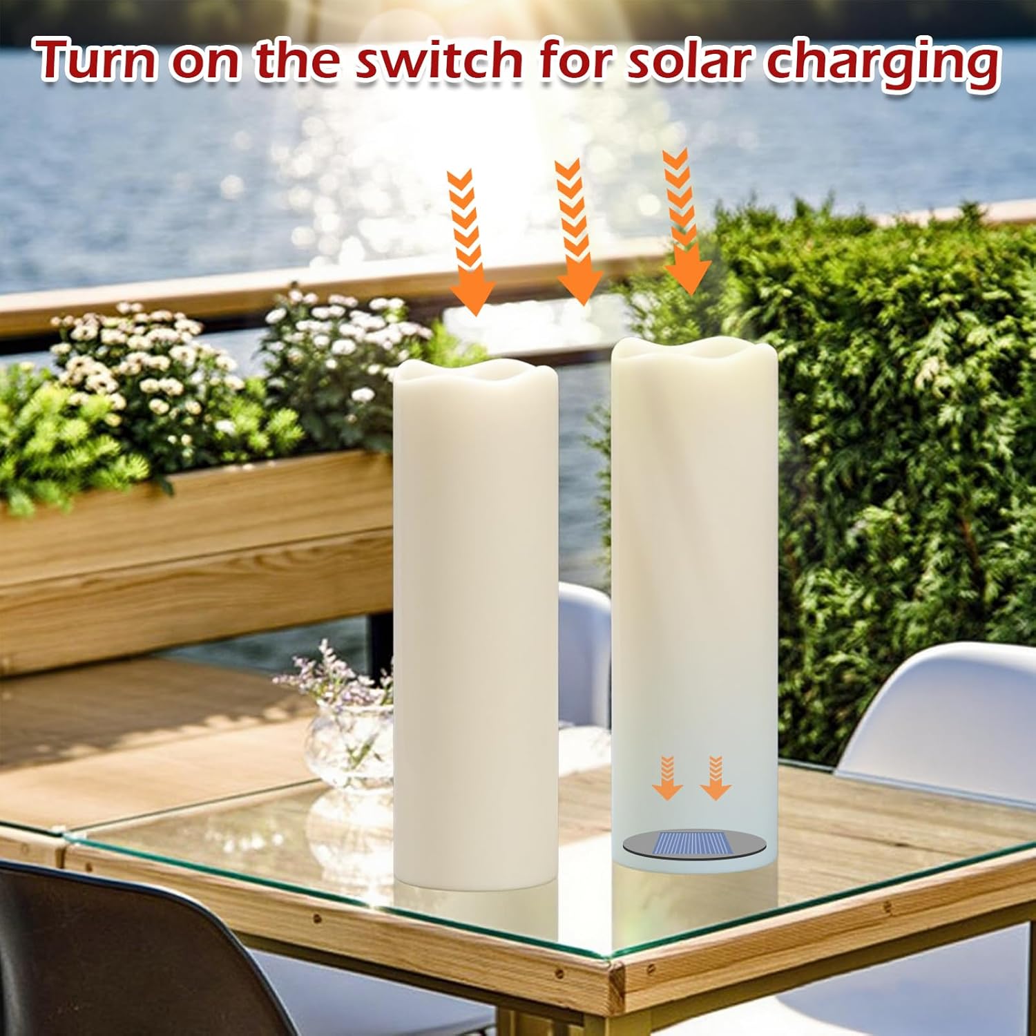 GenSwin Solar Candles Outdoor Waterproof, Large 14” x 4” Solar Candles Rechargeable, Battery Operated Pillar Candle with Sensor Timer Dusk to Dawn for Lanterns, Outdoor, Patio Decor(Set of 2)