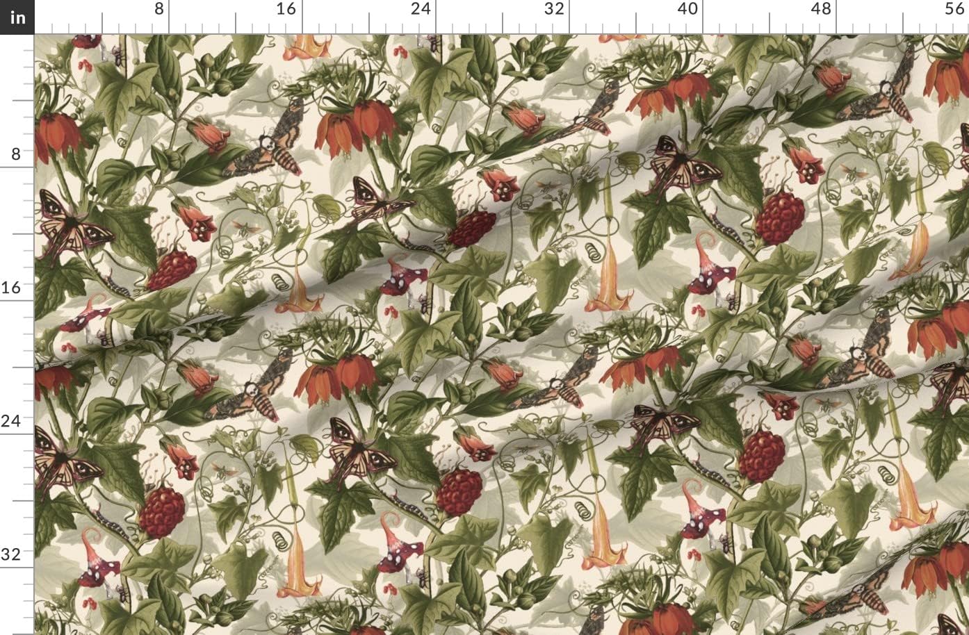 Spoonflower Fabric - Botanical Gothic Muted Colors Vintage Cream Herbal Medicine Moth Printed on Organic Cotton Sateen Fabric by The Yard - Sewing Quilting Apparel Home Decor