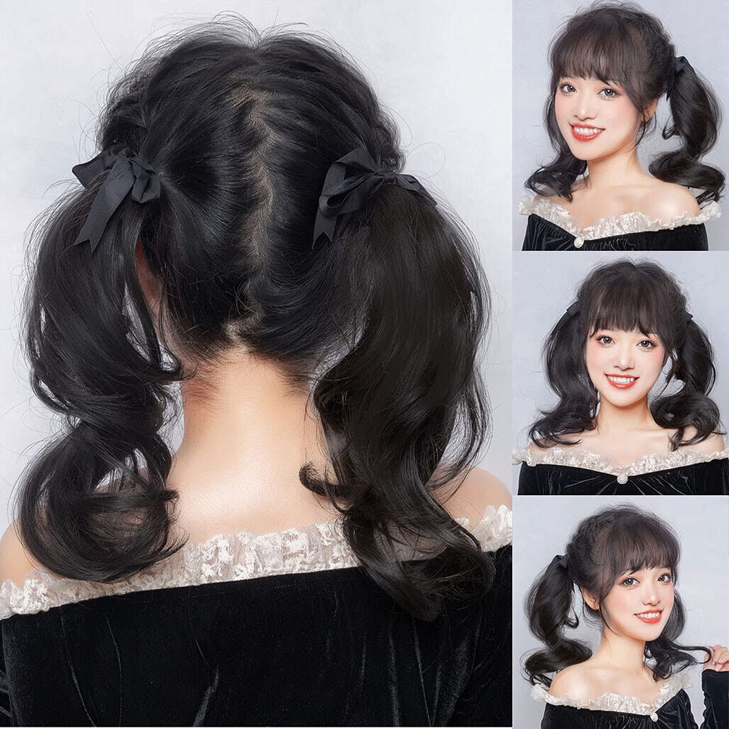Short 30CM Wavy Bunches Super Light 2pcs Pig Tails Natural Snythetic High Ponytail Extension (Tie Up Black Brown)