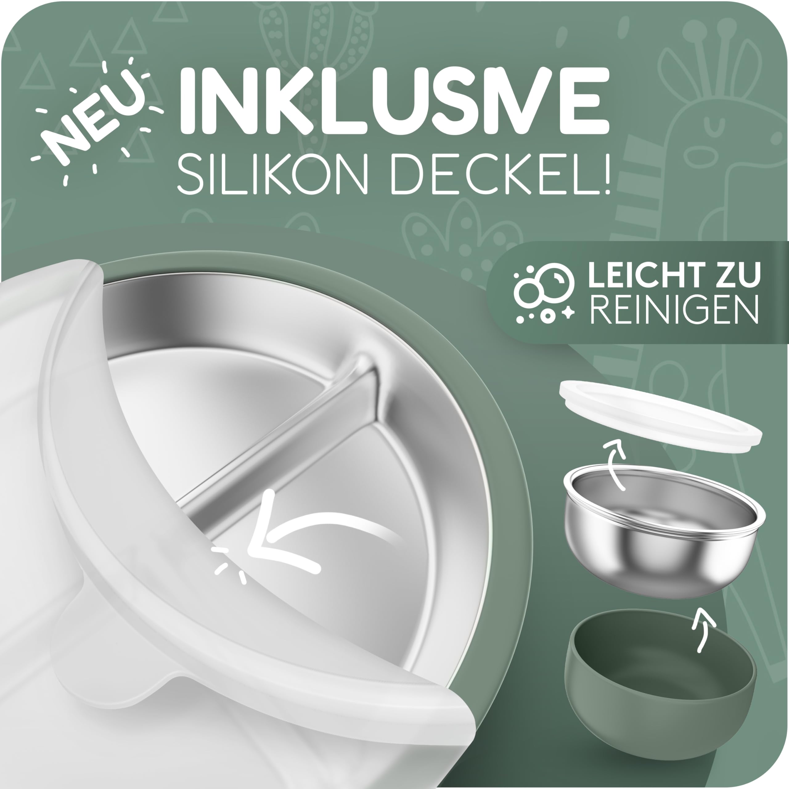 mamou Edelstahl-Kindergeschirrset 6-teilig | Teller & Schüssel mit Deckel, Besteck & Lätzchen | BPA-frei, hygienisch & geschmacksneutral | Nachhaltig & langlebig | Babys & Kleinkinder