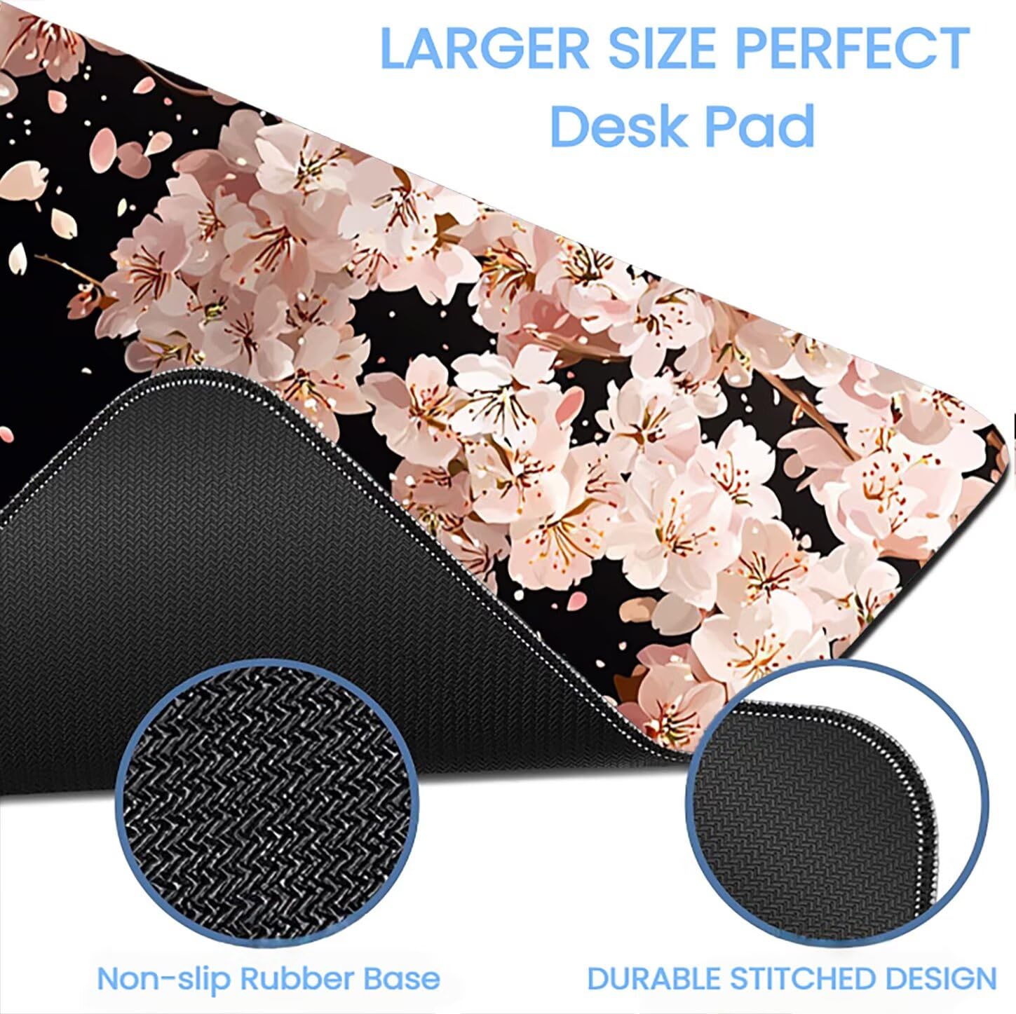 Lpfieonn Kirschblüten Großes Schreibtischunterlage, XXL Schreibtischunterlagen, Schwarz XXL Wasserdicht Gaming Mousepad mit Vernähter Rand und Rutschfeste Gummibasis, für Hause/Büro 120x60cm PF-2517