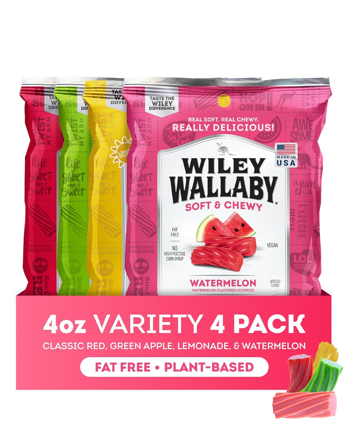 Wiley Wallaby Licorice 4 Ounce Classic Gourmet Soft & Chewy Variety Licorice Candy Twists, 24 Pack
