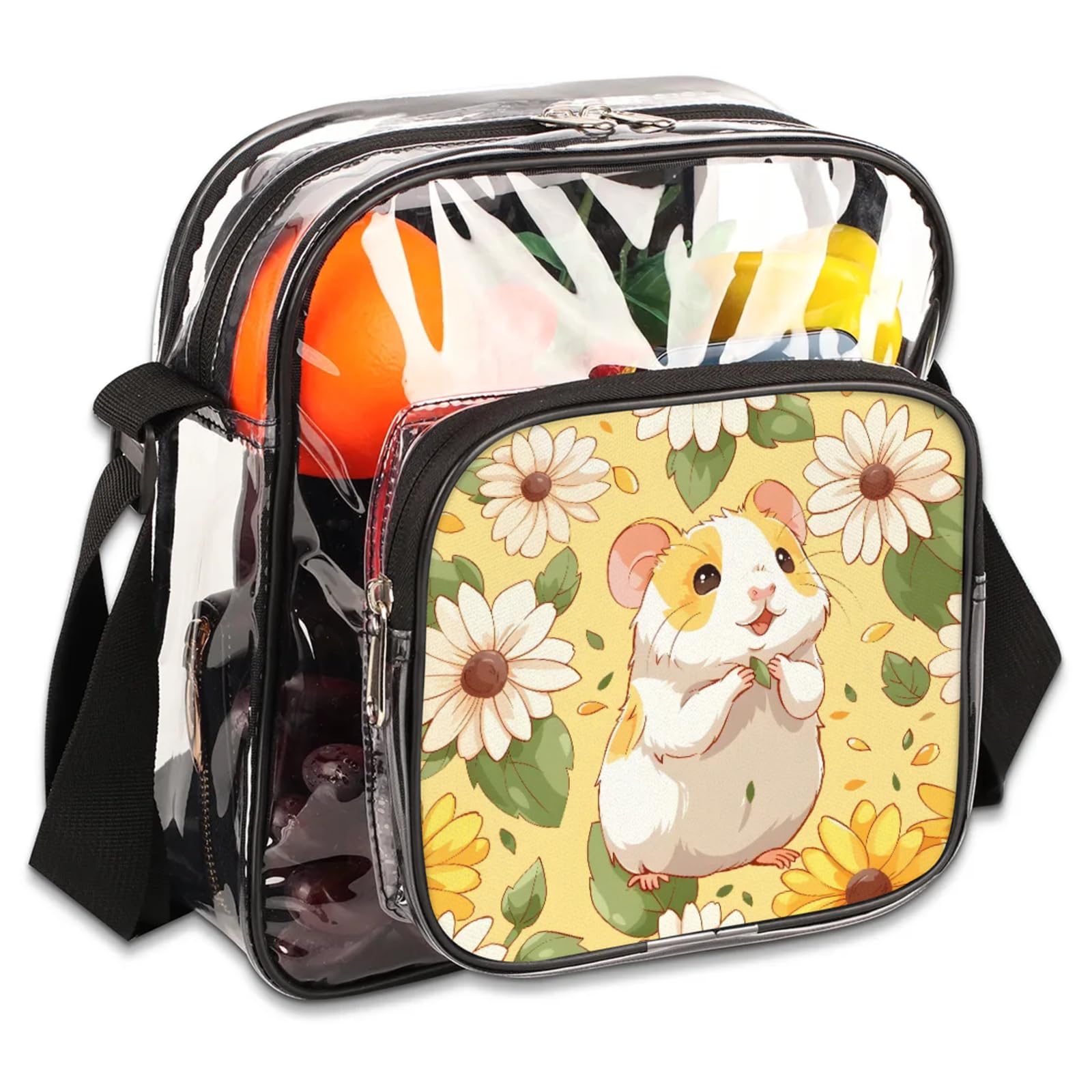 Clear Crossbody Bag Stadium Approved Hamster and Daisy Transparent Bag for Festivals, Sports Events, Concerts,Beach Bag for Women Men Clear Purse with Front Pocket Messenger Bag with Adjustable Strap