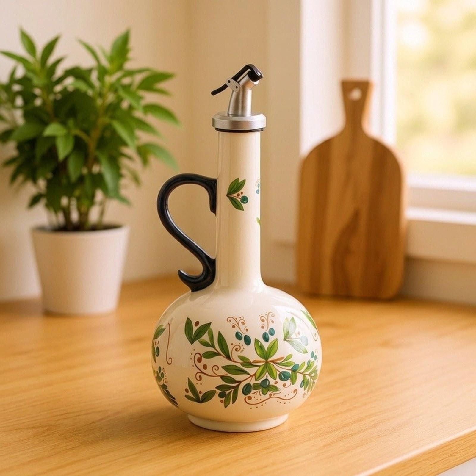 Qianly Botella Dispensadora Aceite Vinagre Cerámica Oliva Recipiente Especias Vertedor Automático Moderno Elegante Almacenaje Líquidos Apta para Cocina Uso D, Verde, Individual