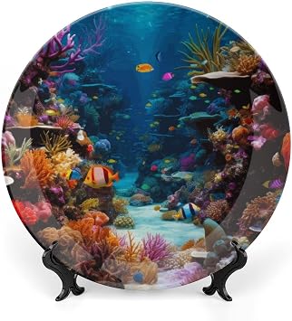 Summer Decorative Plates, A Colorful Coral Reef in A Tropical Ocean Display Plate for Home Office Kitchen Table Decor, Porcelain Plates Ornament 10 Inch, Summer Seasonal Decor Supplies