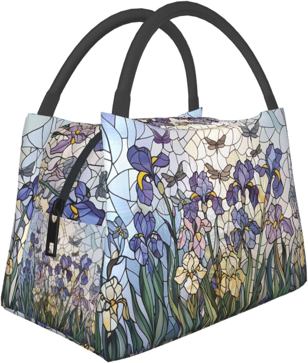 Stained Glass Iris Flower Reusable Lunch Box, Elegant Botanical Lunchbox for Women, Insulated Lunchbag, 11in*6.3in*6.7in, Gifts Makeup Bag, Portable Handbag for School Picnic Work Travel Beach