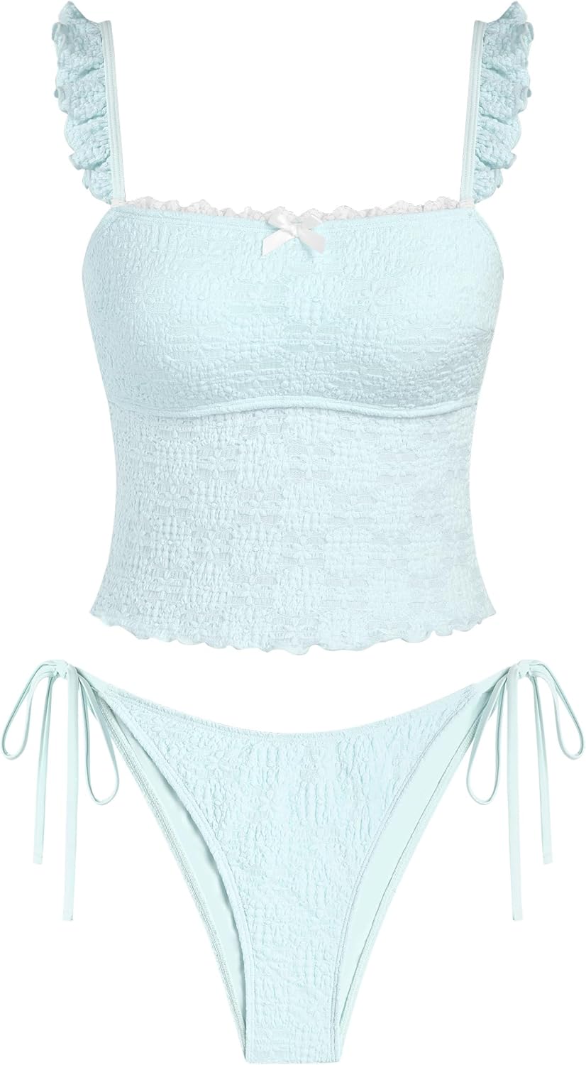 ZAFUL Tankini Swimsuits for Women Ruffles Textured Swimwear Lace Jacquard Knot Two Piece Bathing Suit
