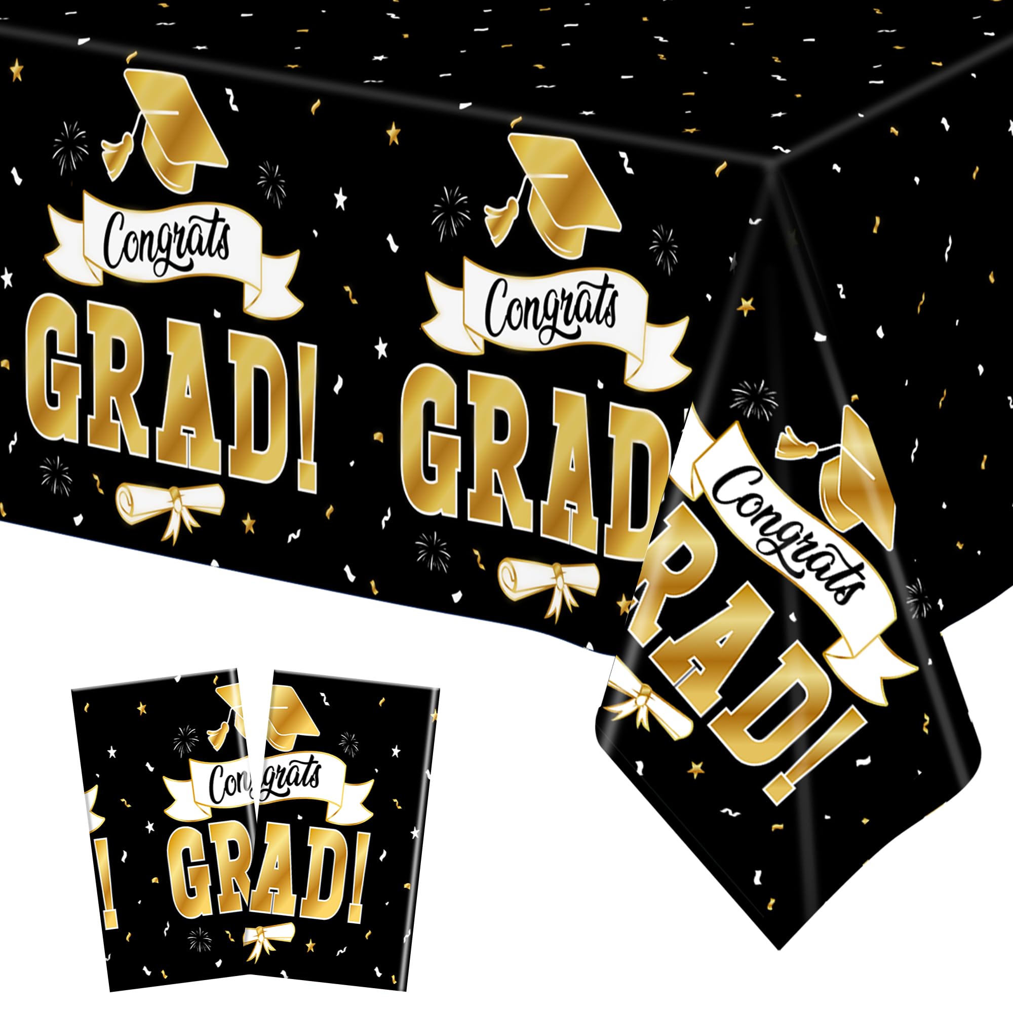 2Pack Graduation Decorations 2026, 108" X 54" Graduation Tablecover, Blackgold Rectangle Class of 2026 Table Cloths, Disposable Plastic Congrats Grad Tablecover for Grad Party Favors Supplies for Kids