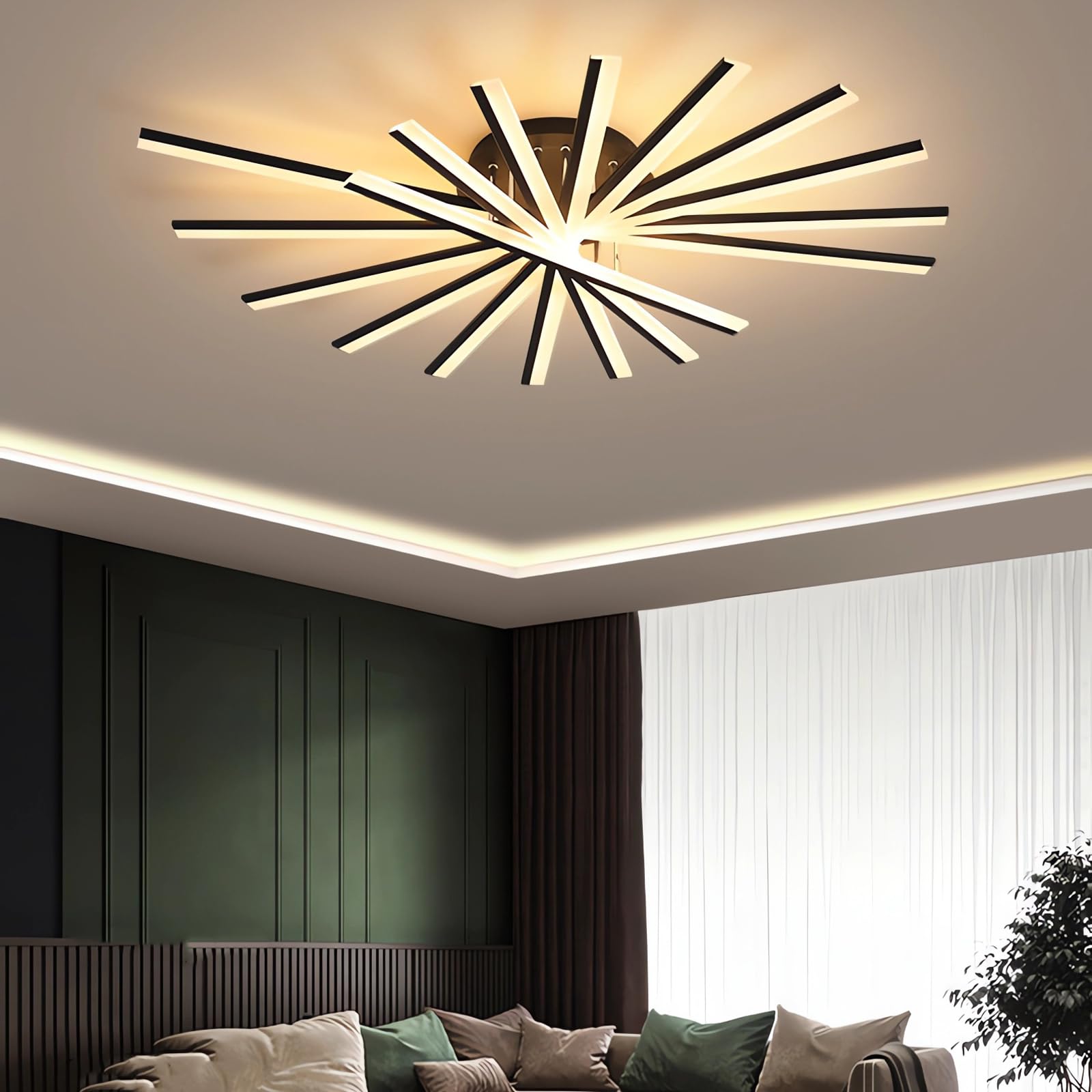 Plafones 7/9 cabezas Negro Y Oro Led Plafones Flush Mount Lámpara de Techo Blanco Regulable con Mando a Distancia para Dormitorio Salón Oficina (Negro, 120CM)