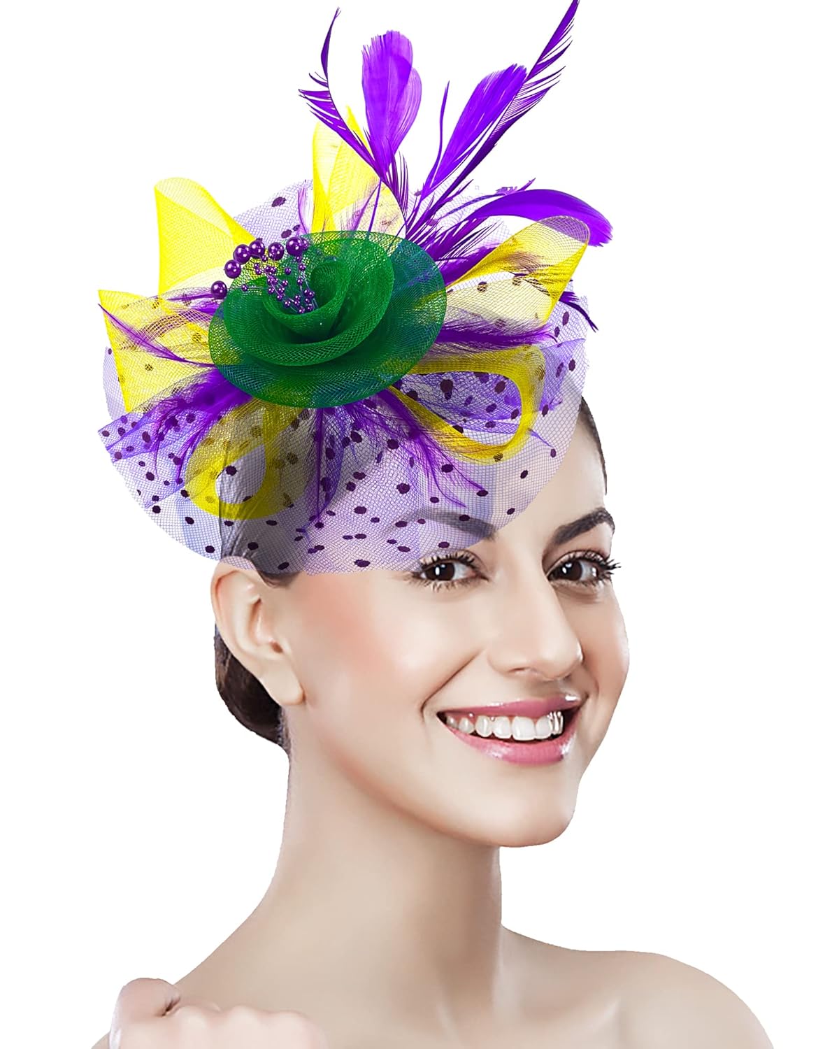 Mardi Gras Fascinators for Women Tea Party Headband Wedding Cocktail Flower Mesh Feathers Hair Clip Purple Yellow Green Hair Accessories Halloween