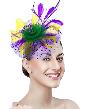 Mardi Gras Fascinators for Women Tea Party Headband Wedding Cocktail Flower Mesh Feathers Hair Clip Purple Yellow Green Hair Accessories Halloween