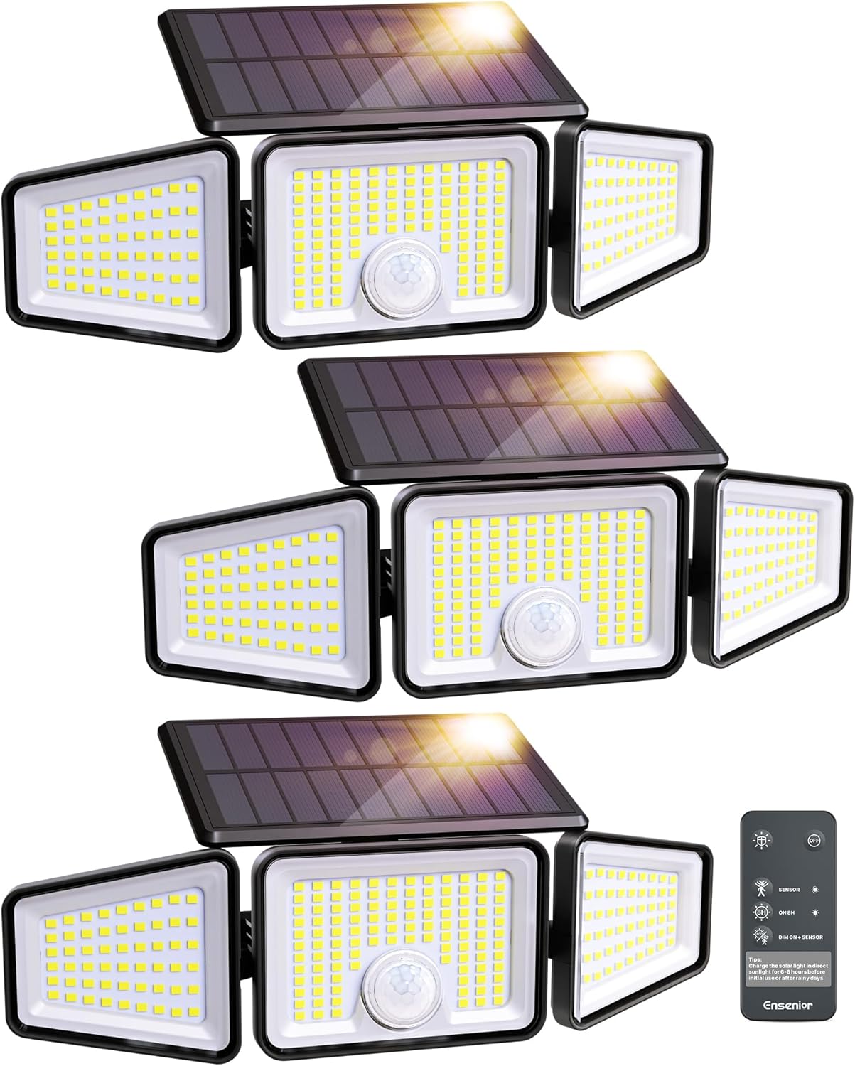 Ensenior Solar Lights Outdoor Motion Sensor, 2600LM 220 LED High Brightness, 3 Head 270° Wide Angle Flood Lights, Remote Control Security Lights 4 Modes, IP65 Waterproof Wireless Wall Light, 3 Pack