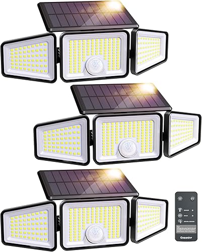Miniatura 9 de Ensenior Luces solares con sensor de movimiento para exteriores, 220 LED de alto brillo, 3 cabezales de luz de inundación gran angular de 270°,