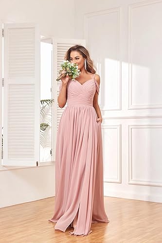 Miniatura 7 de BOLENSYE Vestidos de dama de honor con hombros descubiertos y bolsillos, vestido de noche formal con abertura larga de gasa fruncida