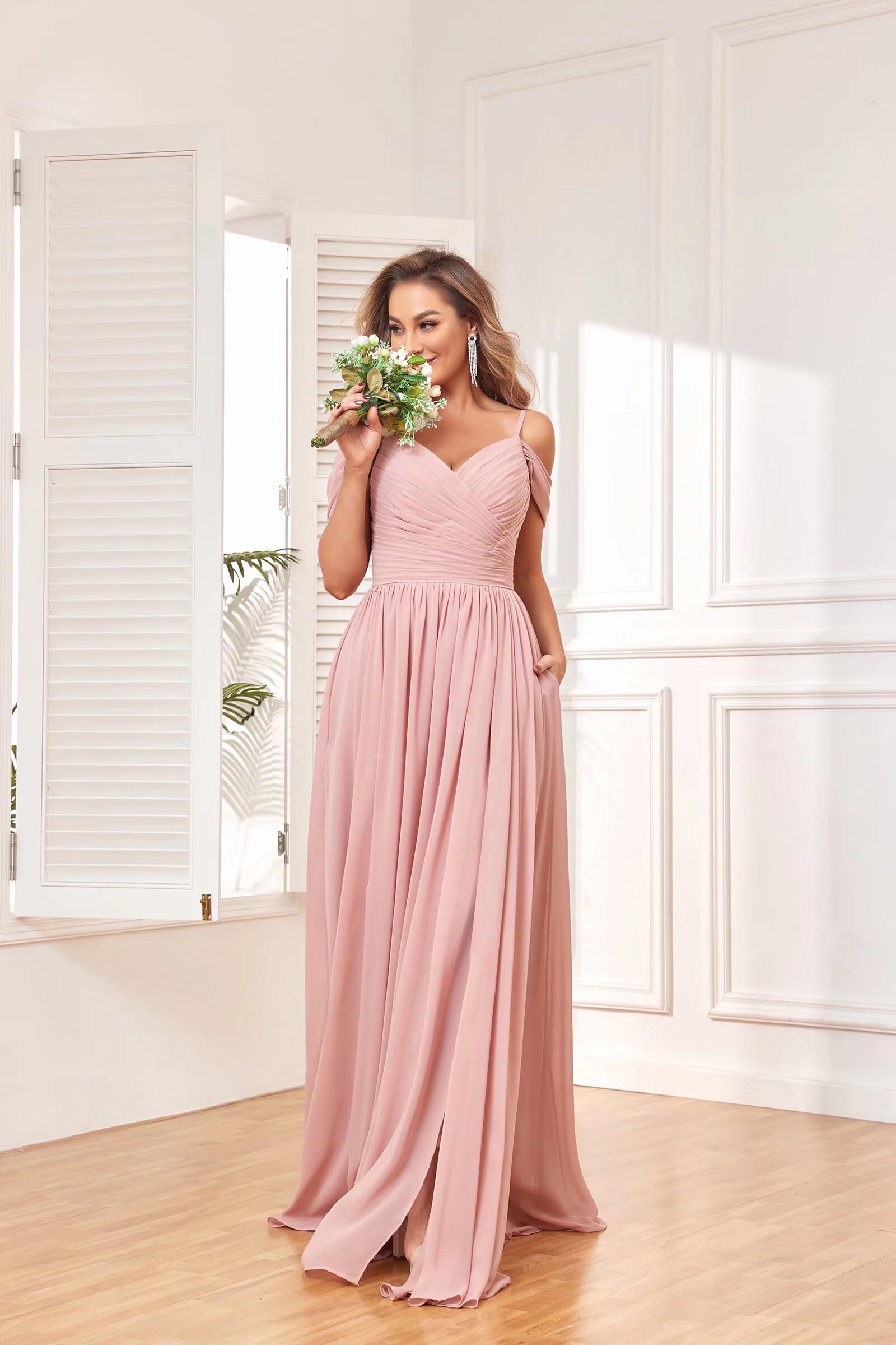 BOLENSYE Vestidos de dama de honor con hombros descubiertos y bolsillos, de gasa fruncida, abertura larga, vestido de noche formal