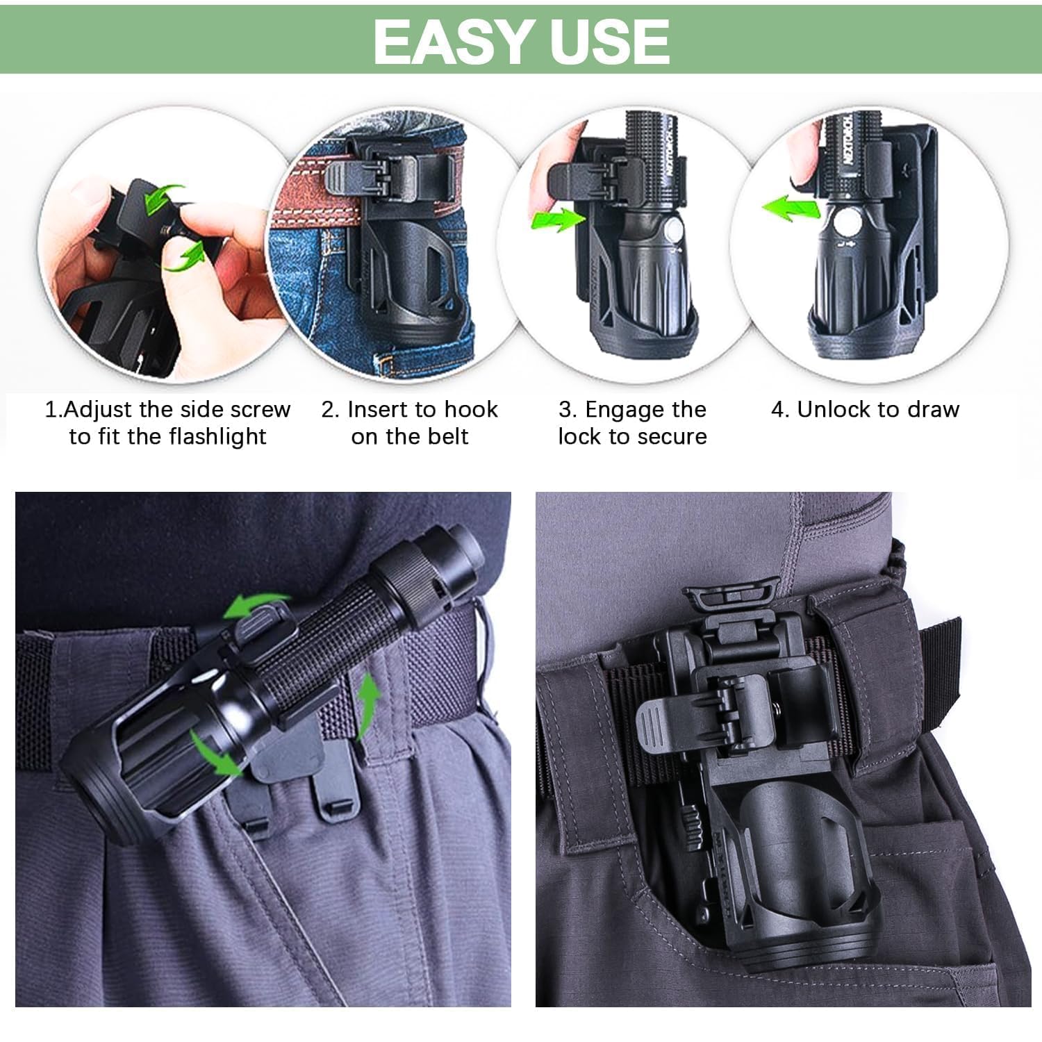 SQLJYU Ruotabile a 360 Gradi Porta Torcia Cinturone, Porta Guanti Cinturone Nero, Supporto per Torcia Tattica Militare, per Torce da 22-32 mm Fondina per Torcia