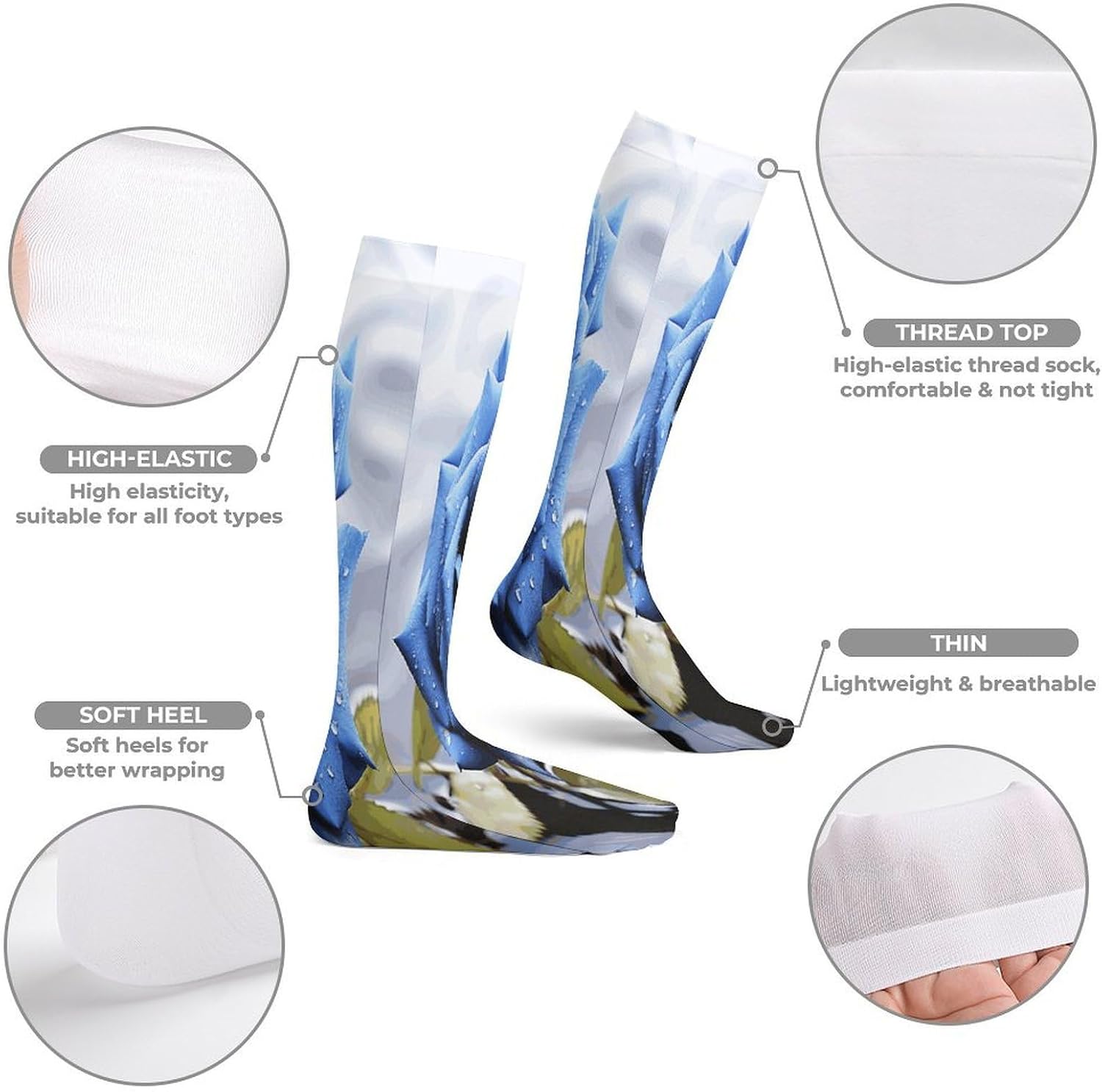 Romantic Blue Rose Women High Waist Fishnet Stockings Stretch Mesh Pantyhose Sexy Trendy Legwear for Daily Wear