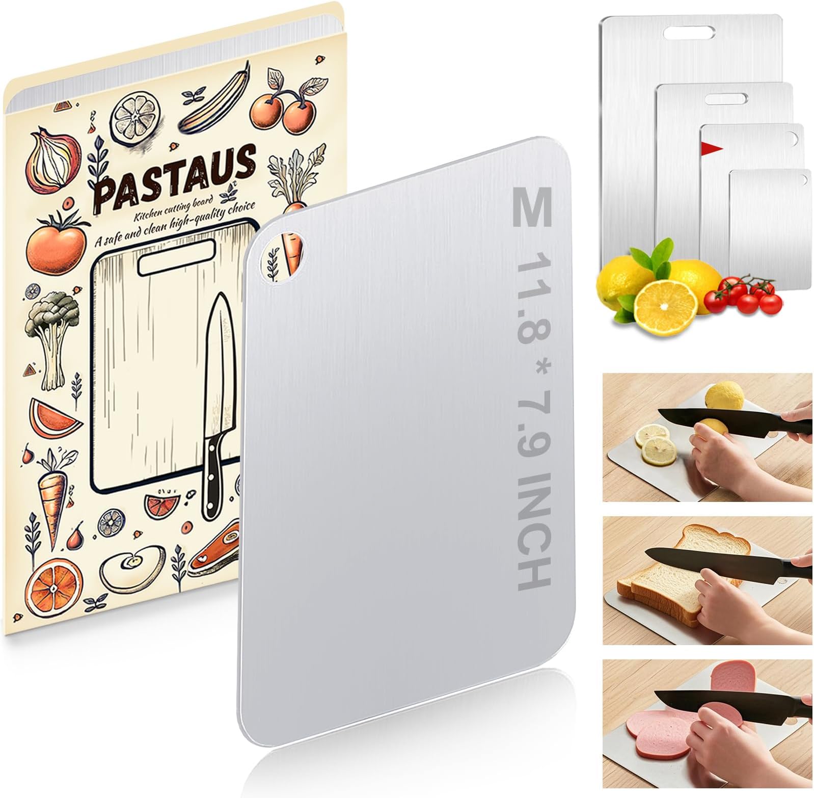 Stainless Steel Cutting Board, Double Sided Steel Cutting Boards for Kitchen Meat Vegetables & Fruits，Dishwasher Safe Easy to Clean (M Size)（11.8 × 7.9in)