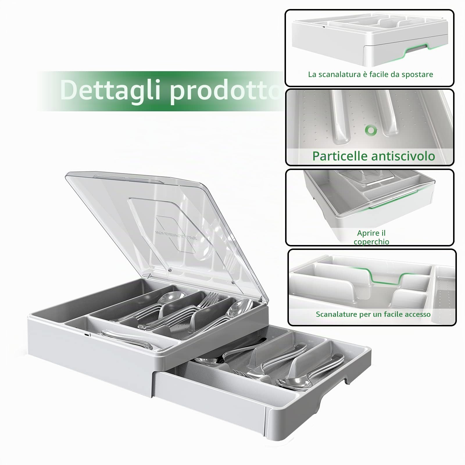 Organizer per posate a doppio strato con coperchio, vassoio per posate, vassoio per posate, vassoio per cassetti da cucina, con porta utensili a 2 livelli e 9 scomparti, contenitore per posate (bianco