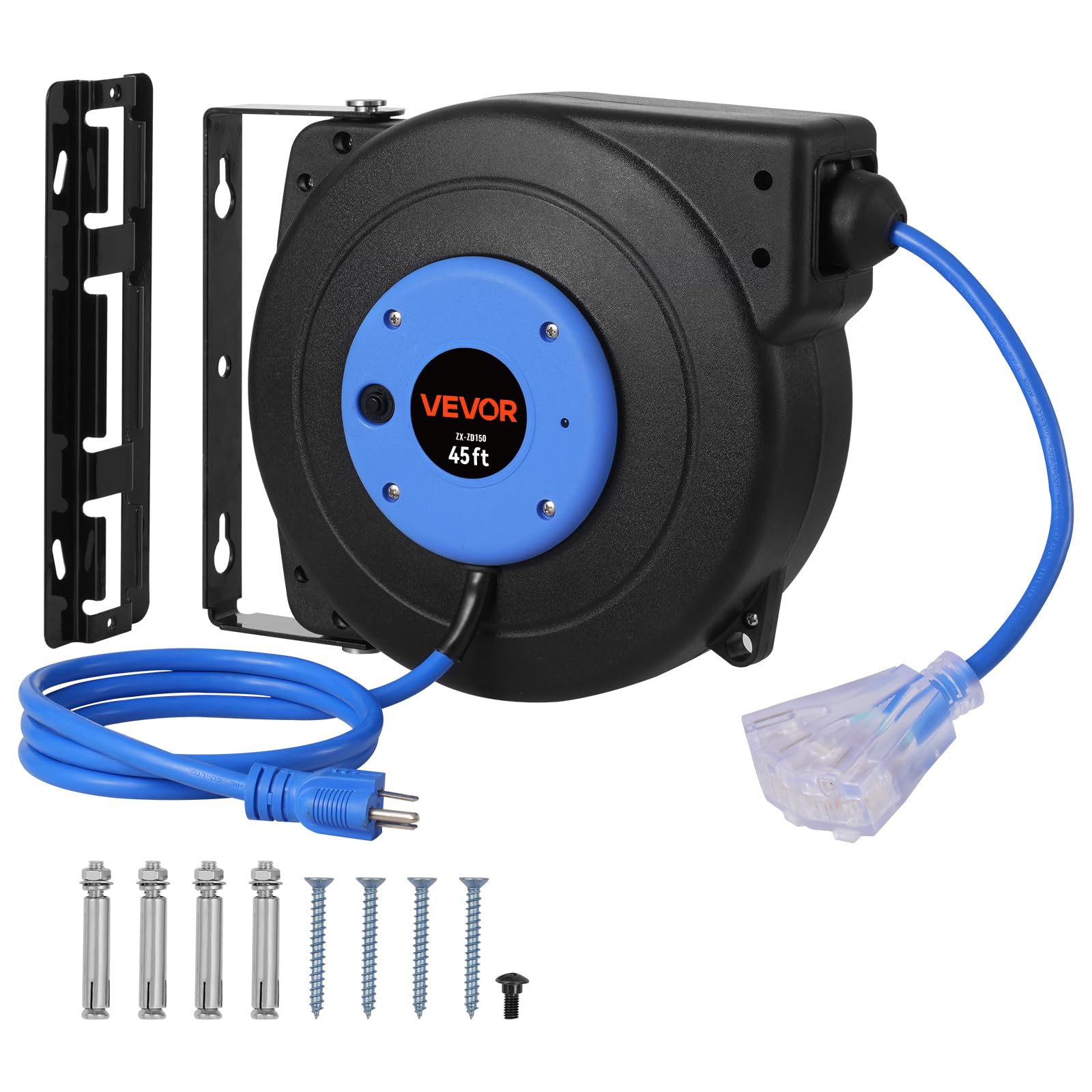 VEVOR 45FT Retractable Extension Cord Reel, 12AWG/3C SJTOW Heavy Duty Power Cord w/Lighted Electrical Triple Tap Outlets, 15A Circuit Breaker, 180° Swivel Bracket for Workshop or Garage, Blue