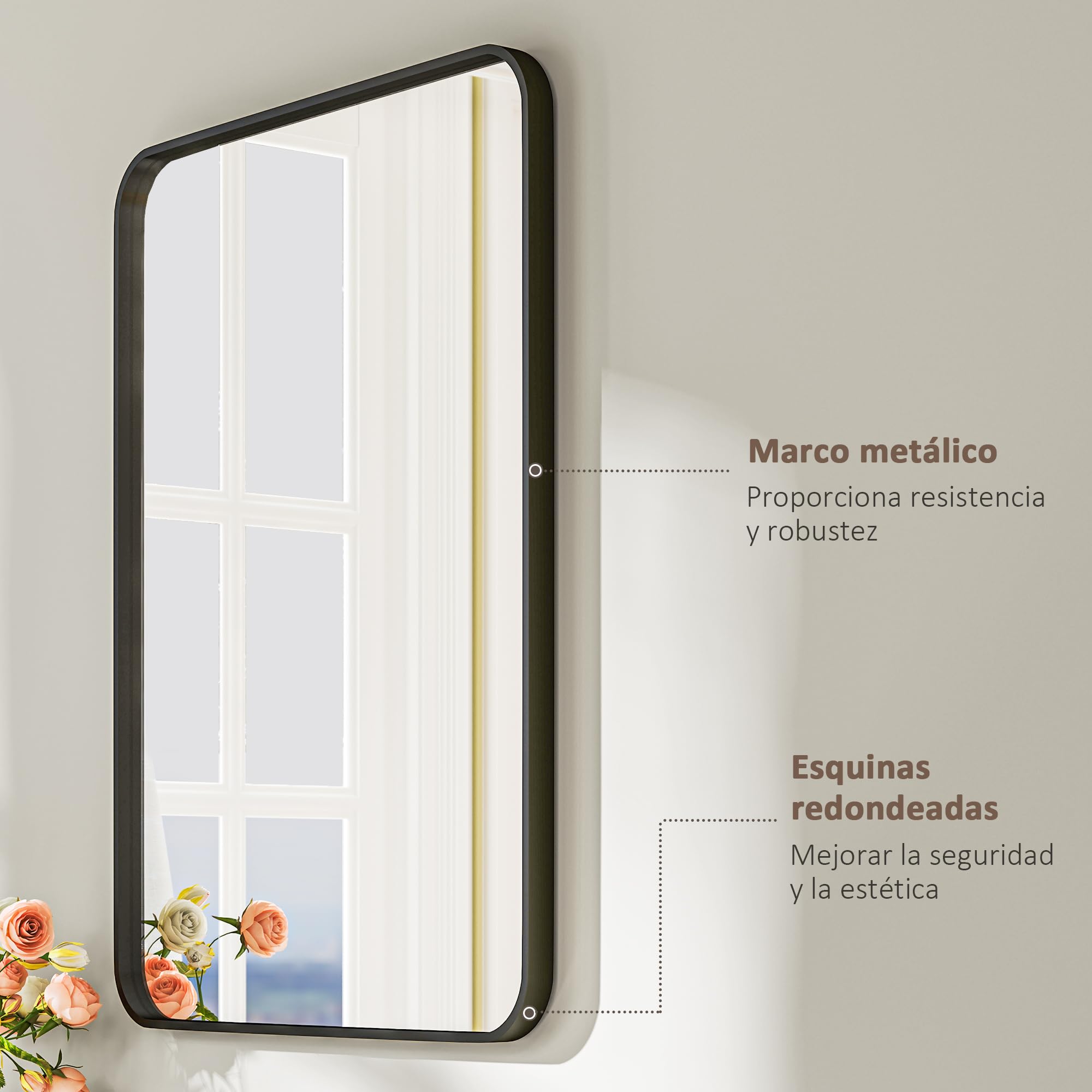 HOMCOM Espejo de Baño 60x90 cm Decorativo con Marco de Metal Negro | Espejo de Pared, con Gancho, Fácil Instalación, para Salón Entrada Pasillo