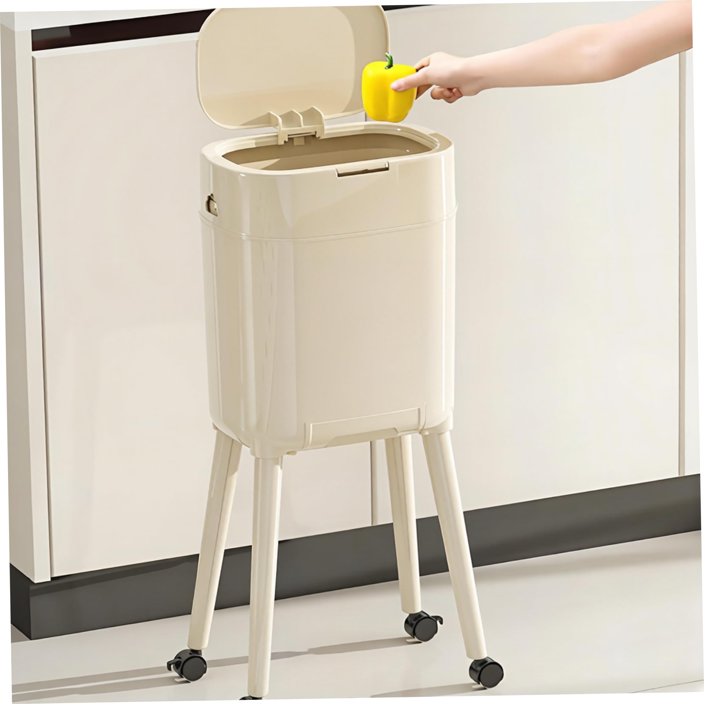 Pattumiere per interni, pattumiera da cucina con ruote, pattumiera da 16 litri con gambe rialzate, con coperchio e secchio interno rimovibile per bagno, casa, ufficio, bianco