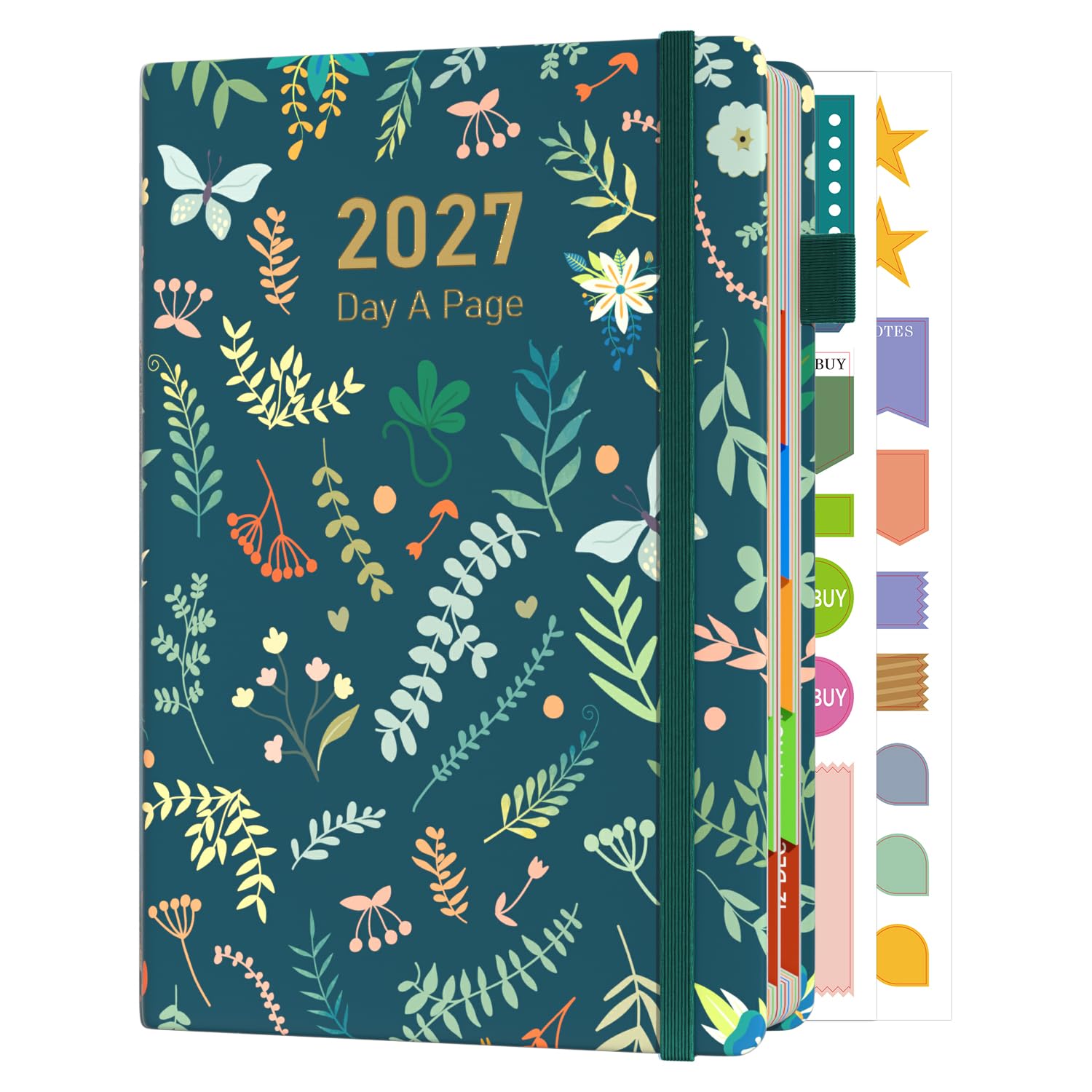 Sailingvan 2027 Diary A5 Page a Day, January -December 2027, Leather Agenda Daily Planner Productivity Stickers, Monthly Overview with Colorful Tabs, Elastic Strap, Pen Loop & Pocket (8.5'' x 5.8'')