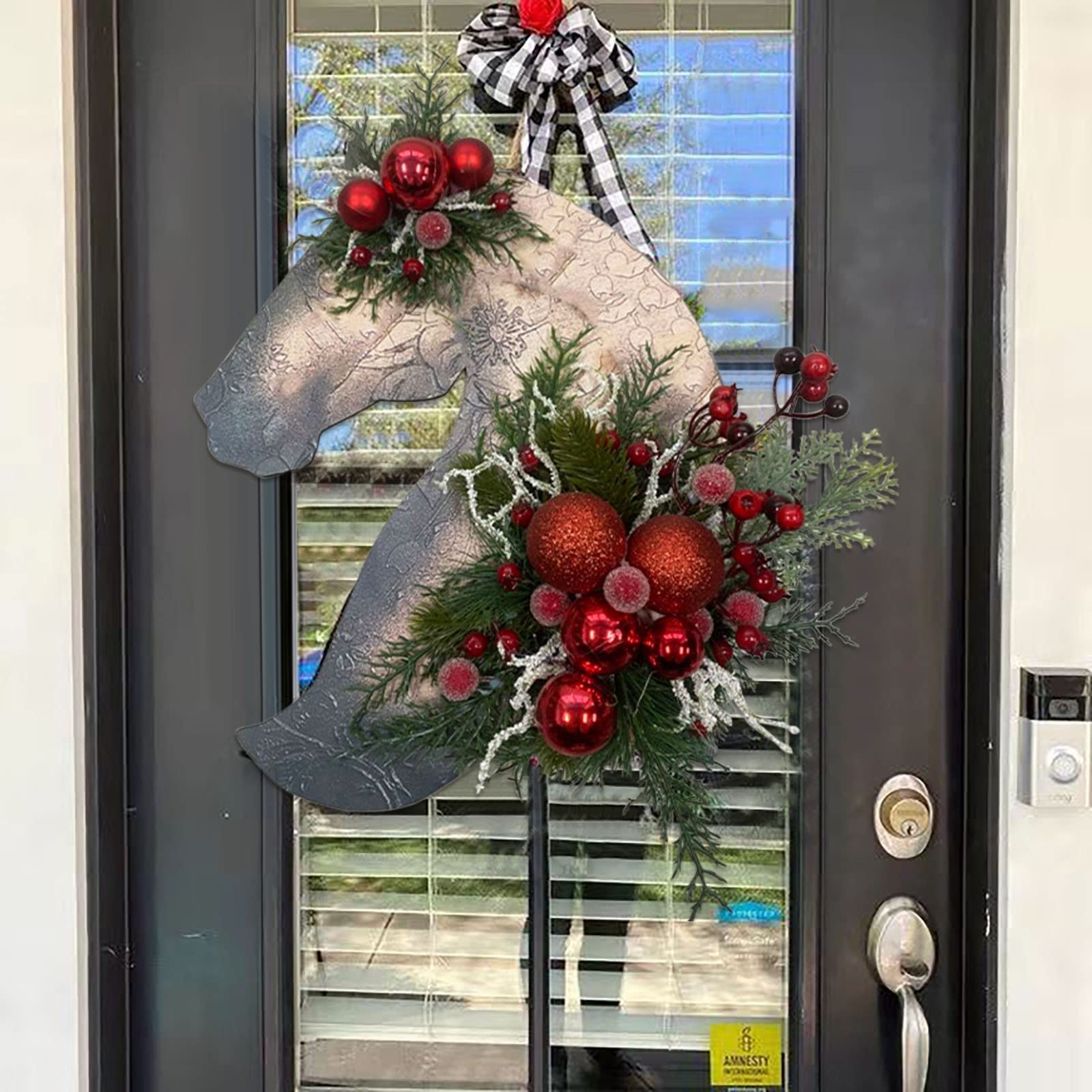 Couronne de Noël pour porte d'entrée, à suspendre et réutilisable | Couronne de Noël en tête de cheval artificielle | pour patio, mur, intérieur et extérieur, cheminée, restaurant, clôture, salle à