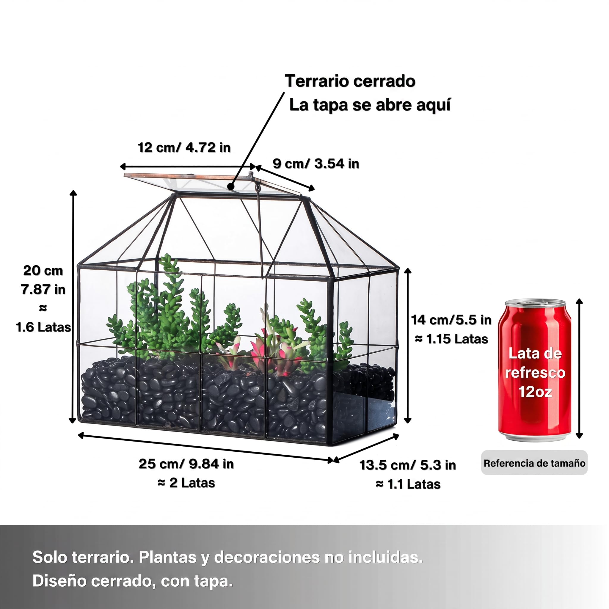 NCYP Maceta de terrario de Vidrio geométrico Negro con Tapa, Caja de Maceta con Forma de casa de Rejilla para suculentas Plantas de Cactus, decoración Moderna de Mesa (sin Plantas ni Accesorios)