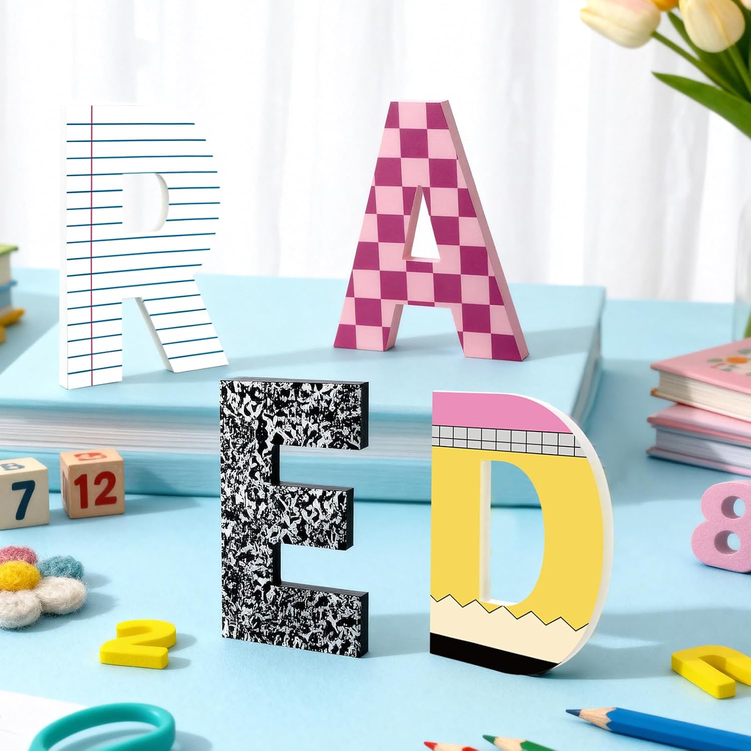 4 Pcs Reading Corner Decor for Classroom, 9 Inch Wooden Composition Notebook Letter Decor, Reading Corner Sign, Back to School Classroom Decor Perfect for Reading Rooms, School Libraries