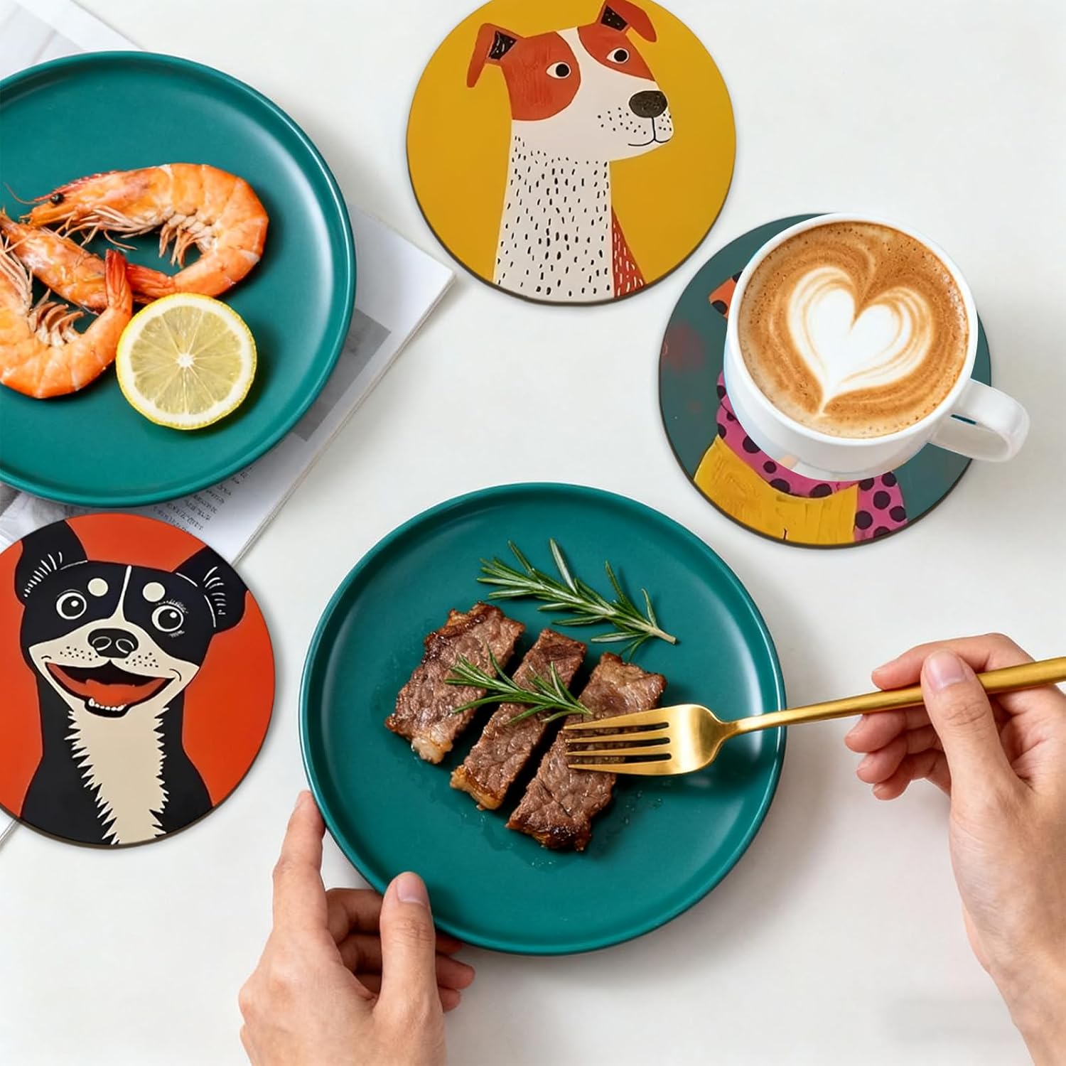 Set of 6 Wood Coasters with Holder,Funny Cute Dog Drink Cup Wooden Coasters for Table Protection Absorbent Cork Base Farmhouse Housewarming Gifts,Heat-Resistant - Image 4