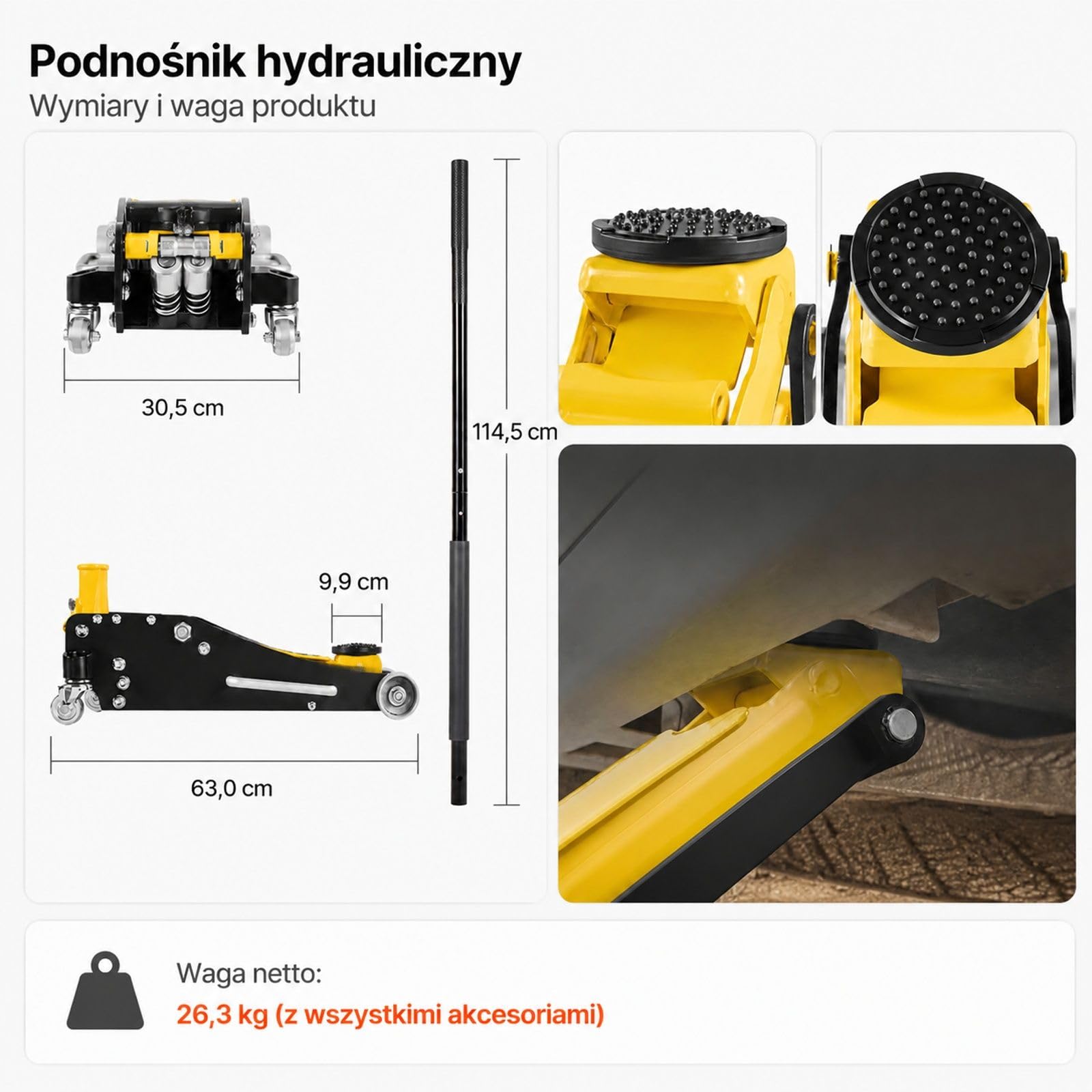 Hydrauliczny podnośnik podłogowy z kołami 360°, udźwig 2,5 t, dwutłokowa pompa szybkiego podnoszenia, żółty czarny, do kompaktowych SUV-ów