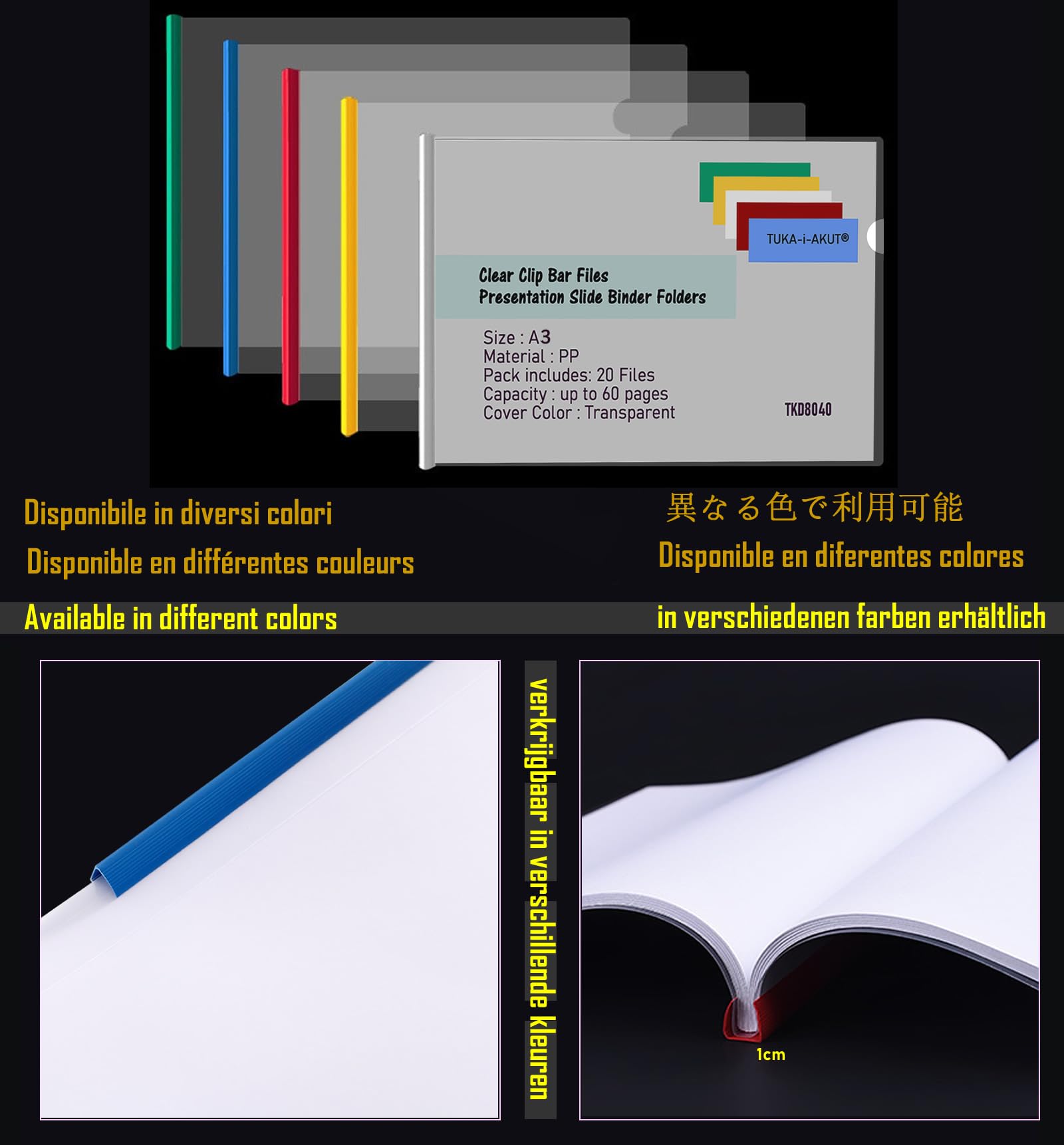 TUKA-i-AKUT 20st. A3 Sliding Bar Binder, PP Transparent Klemmschienen Berichte Umschlag, Abdeckungen Grip Binding Bars Dokumente Klassifizierung, 20er Set, Schiebe Bar in Weiß, TKD8041-A3-W-white-20x