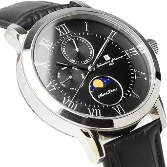 Salvatore Marra Moonphase Multi-Calendar Watch, 5 ATM Waterproof, Business, Formal, Men's Leather Belt, Exclusive Model, Silver, Black SM21106-SSBK